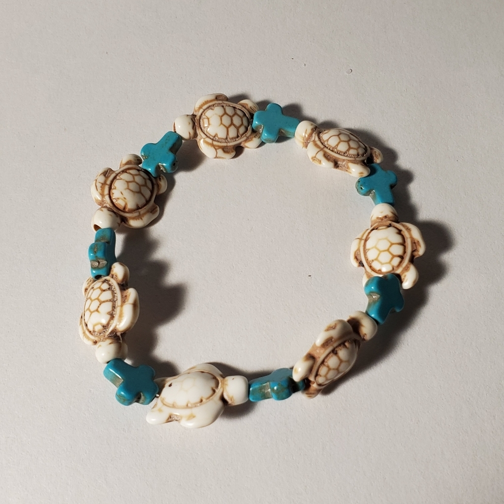 Handmade Cross and Turtle Stretch bracelet